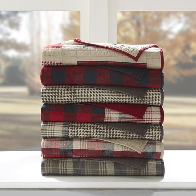 Woolrich Luxury Quilted Throw - Cabin Lifestyle, Patchwork with Moose Design All Season, Lightweight and Breathable Cozy Bedding Layer Throws for Couch Sofa, 50" W x 70" L, Huntington Red
