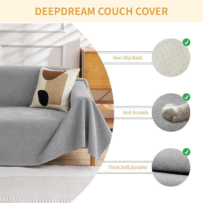 Deep Dream Cat-Scratch Resistant Couch Cover, Waterproof Sofa Cover for 3 Cushion Couch Washable, Pet Friendly Couch Protectors Anti Slip Thickened Sofa Slipcovers for Dogs Pets,71" x 150",Light Grey