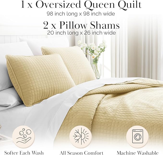 Southshore Fine Living, Inc. Full/Queen Quilt Bedding Set, Cozy Coverlet Queen Size Bedspread, Wrinkle-Free, Pet Hair Resistant Bedding, Full Size Quilt Coverlet w/2 Pillow Shams, Gold