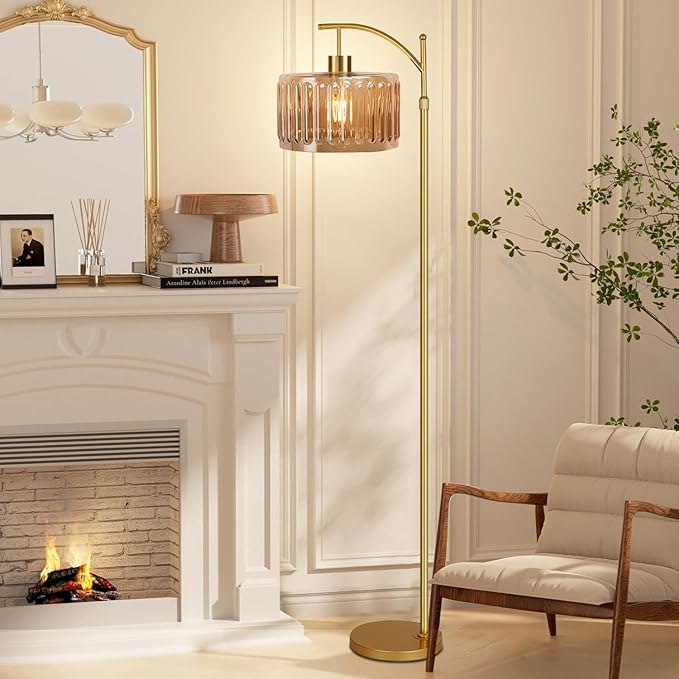 Glass Floor Lamp for Living Room,Bedroom,Gold Dimmable Standing Lamp with Remote,Mid Century Modern Brass Tall Lamp Boho Vintage Retro Floor Lamps Arc Amber Flower Floor Light Lamp Bohemian