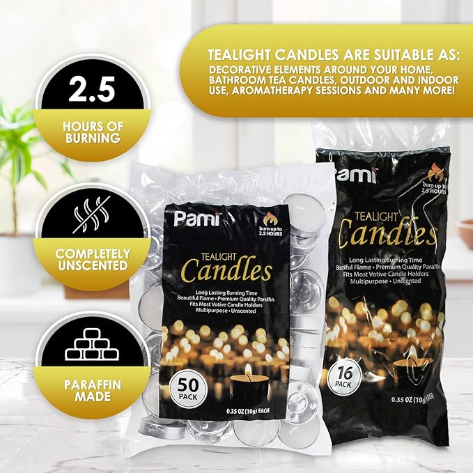 PAMI Premium Long-Lasting Tealight Candles [16-Piece Bag] - with 2.5 Hours Burning Time- Paraffin Tealights with Beautiful Flame- Round Candles Perfect for Votive Candle Holders