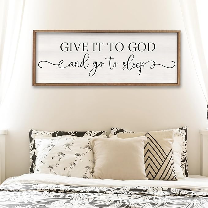 Surfapans Give It To God And Go To Sleep Sign Wall Decor 32"x12" ofr Master Bedroom Guest Room Wood Rustic Framed Wall Art Sign (Wood White)