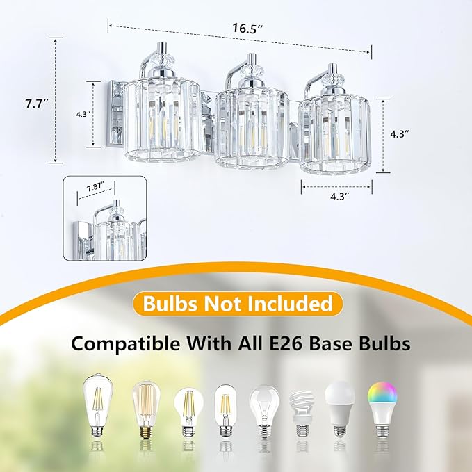 3-Light Modern Bathroom Light Fixture Chrome Bathroom Vanity Lights Over Mirror Wall Sconce Lighting with K9 Crystal Shades E26 Base for Bedroom, Living Room, Hallway, Cabinet Wall Lamp