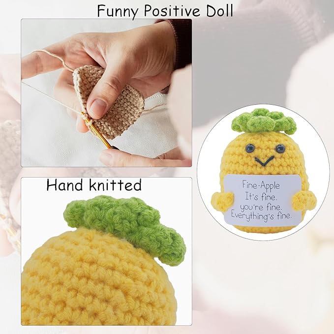 Funny Positive Pineapple Gifts for Him Her, 3 inch Knitted Pineapple Doll with Emotional Support Card Birthday Gift Cute Room Decor Crochet Party Decoration Toy Encouragement Reminder
