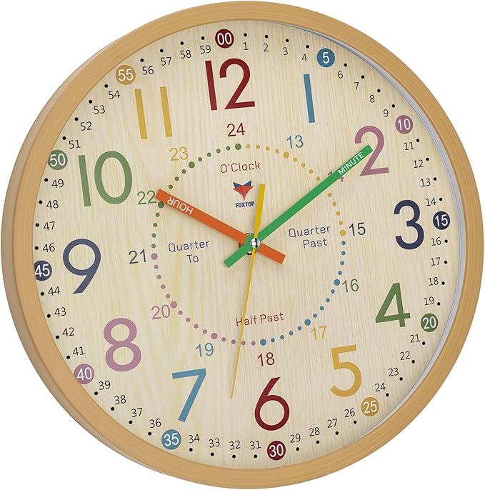 Foxtop Learning Clock for Kids - Telling Time Teaching Clock 12 Inch Silent Non-Ticking Battery Operated Kids Wall Clock for Kids Room Playroom Nursery Classroom School
