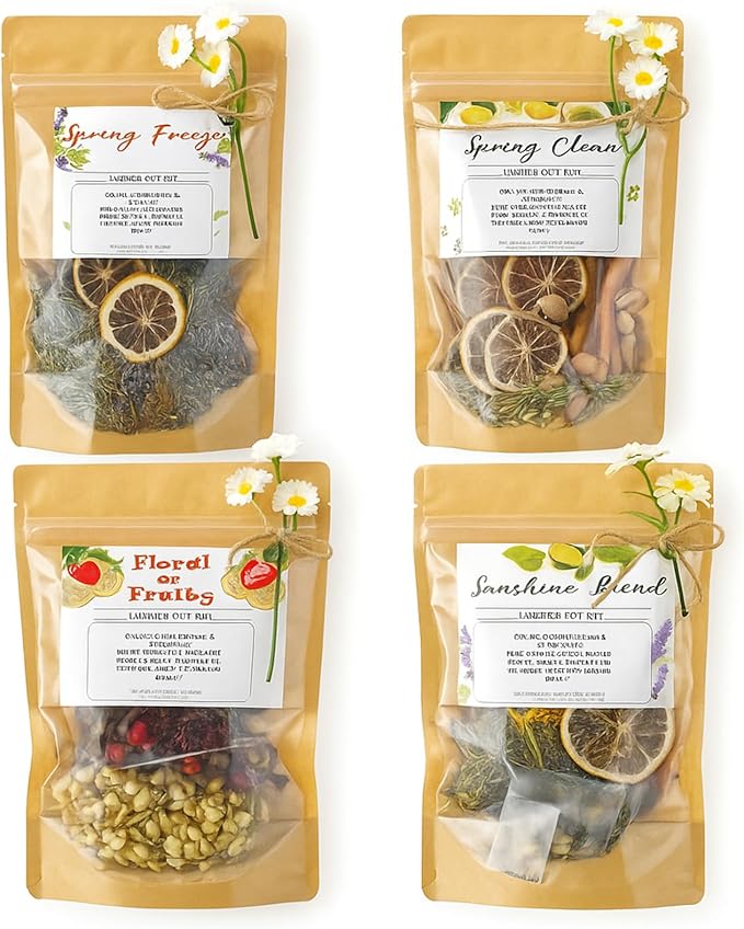4 Set Spring Clean Potpourri Bags Stovetop Simmering Mix Potpourri Instruction and Sticker Floral Fruity Cinnamon Natural Air Freshener Sachet for Party Craft DIY Gift Housewarming Hostess