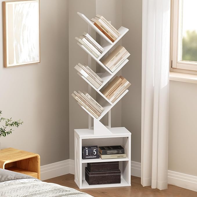 Tree Bookshelf, 6 Tier Bookcase with 2 Storage Racks, Free Standing Wooden Bookcase, Floor Standing Book Shelf Organizer for Living Room, Bedroom, Study, Home Office, White