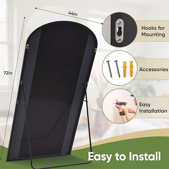 Full Length Mirror, 72"x44" Arched Full Body Mirror, Oversized Floor Mirrors, Leaning Free Standing Mirrors, Hanging Mounted Large Mirrors for Bedroom Dressing Room, Cloakroom, Black