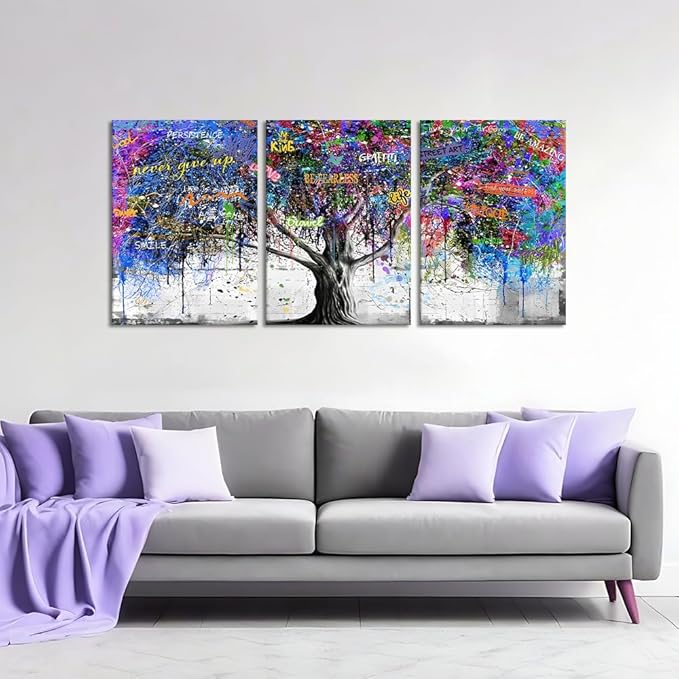 Novatique Graffiti Wall Art Colorful Tree Canvas Wall Art Never Give Up Inspirational Graffiti Posters Modern Inspiring Tree Painting Home Decor for Bedroom Bathroom,20" x 28" x 3pcs
