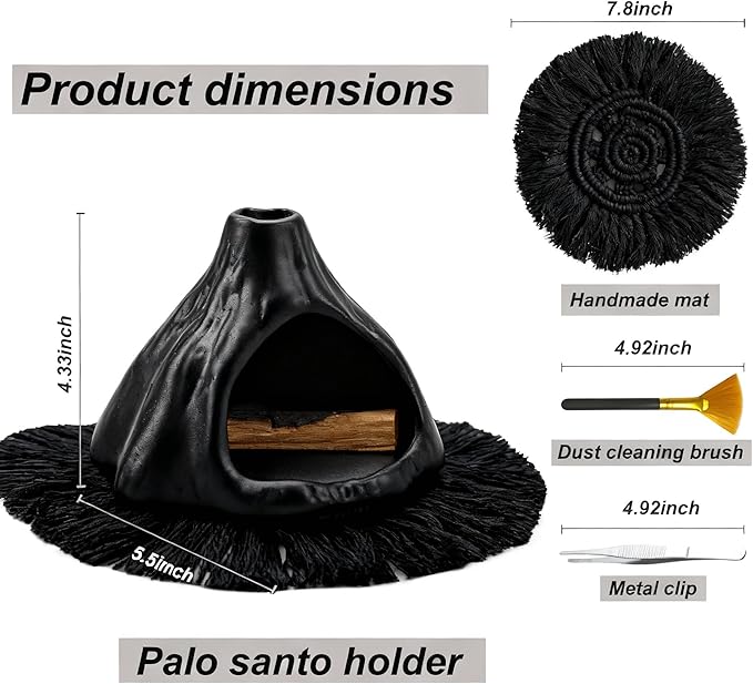 Ceramic Palo Santo Holder Burner,Incense Cone Holder,Mini Chiminea for Palo Santo Sticks and Sage Burner,with Handmade Heat Insulated Mat,Dust Brush,Metal Tweezer. (Black Volcano)