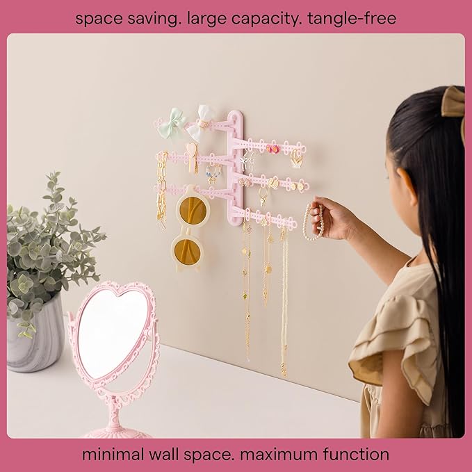 6-Tier Wall Jewelry Organizer Wall Mounted Jewelry Organizer Earring Holder Wall Mount Hanging Necklace Organizer Jewelry Hanger Hanging Necklace Holder Organizer Display (Pink)