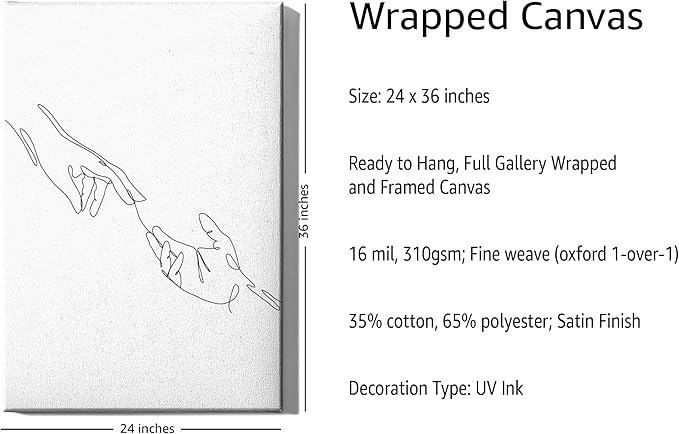 Minimalist Reaching Hands Wrapped Canvas Wall Art Continuous Line Drawing Connection 24x36 Inch Gallery Stretched Modern Aesthetic Home Art Decor