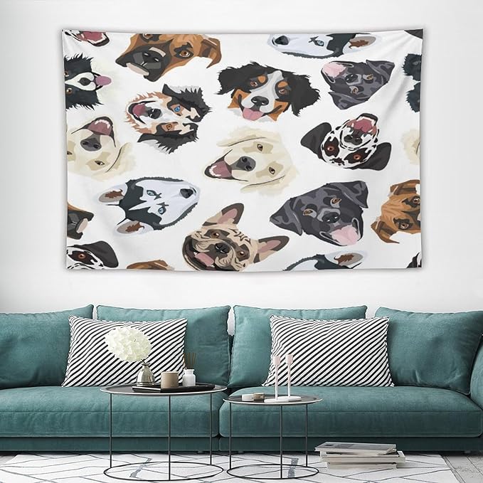 VUMIVI Dog-Head Tapestry Cartoon Pet Illustrations Cute Funny Animals Colorful Graffiti Tapestry Wall Hanging for Living Room Bedroom Dorm Classroom Aesthetic Decor W90xL60in