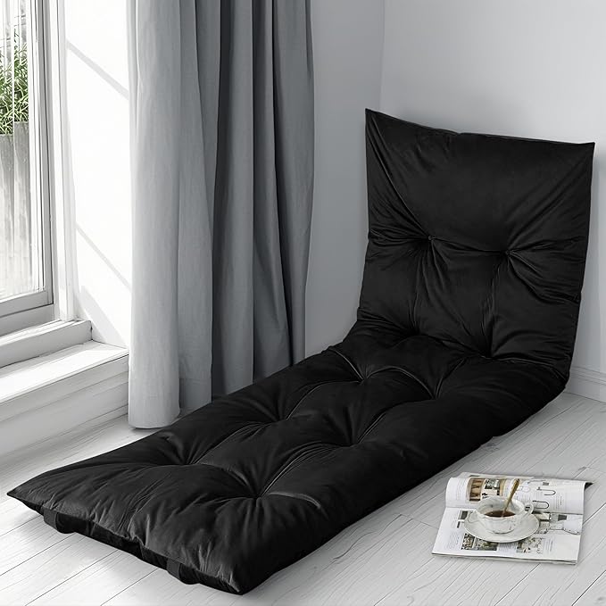 HOMBYS Floor Lounger Pillow Foldable and Tufted Design Long Floor Cushion for Yoga, Reading, Sleeping, Meditation, Elastic Band for Roll Up and Easy Storage, Machine Washable, Black, 74"x27"