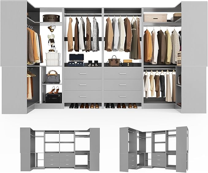 Aheaplus Closet System with 6 Drawers, 6 Hanging Rods & Corner Tower, Corner Closet System with Hanging,112.5" U-Shaped Walk-In Wardrobe Organizer, 2000+ lbs Capacity, Set of 4, Grey