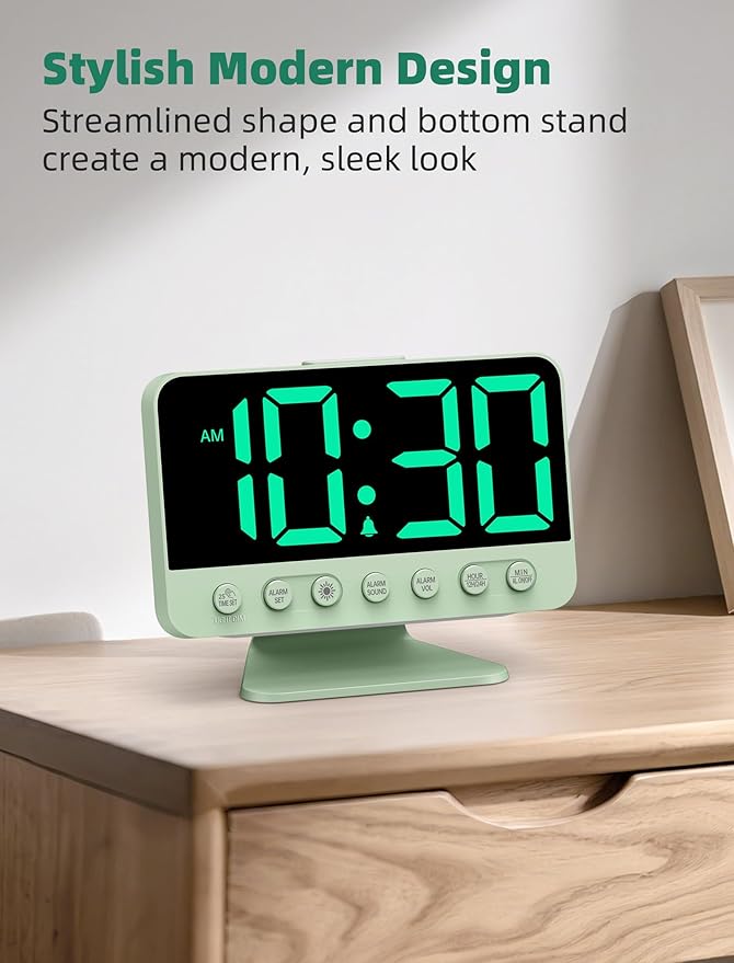 Digital Alarm Clocks for Bedrooms: Large Bold Number 5 Brightness Dimmer - Easy to Read Across The Room - 5 Alarm Sound 8 Night Light - Sage Green