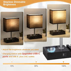 Kakanuo Table Lamp for Bedroom with Dual USB Ports, Fully Dimmable Black Bedside Lamp with Phone Stands and 2 Charging Outlets, Desk Lamp for Nightstand and Living Room, LED Bulb Included