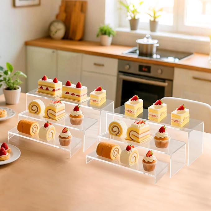 Acrylic Display Riser Stand,5mm Thickness,12'' Length Tier Display Stands, Thickened to 0.2''(5mm) Acrylic Shelf Risers for Perfume Display,Risers for Buffet Table,Cupcake Stand,Pop Figurines,Tumbler,Food,6Pcs