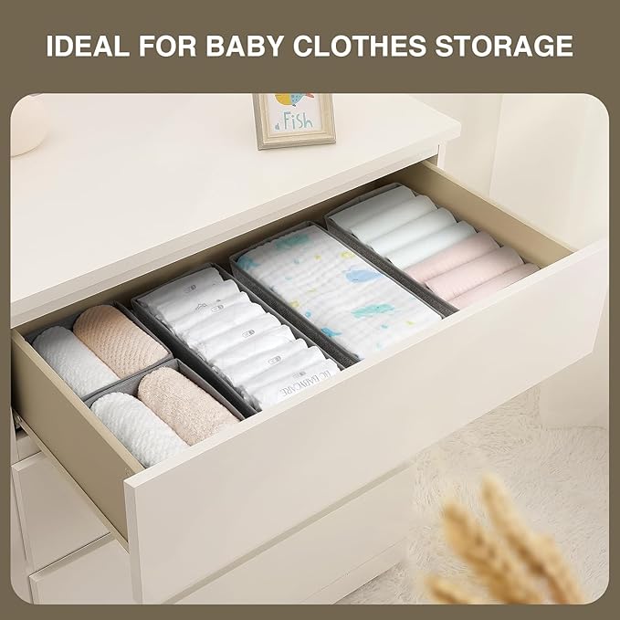 DIMJ Drawer Organizers for Clothing, Set of 12 Dresser Drawer Organizers, Fabric Closet Organizers and Storage, Drawer Dividers for Baby Clothes, Socks, Belt, Tie (Grey)