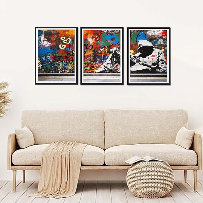 Novatique Banksy Graffiti Wall Art Abstract Poster Print Wall Decor Graffiti Picture for Bedroom Living Room Framed Ready to Hang,16" x 24" x 3pcs
