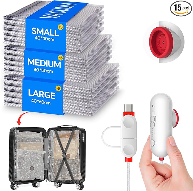 Vacuum Storage Bags Set with USB Pump, 15 Pack Carry-on Size Vacuum Bags for Travel, Space Saver Packing for Clothes and Clothing Travel
