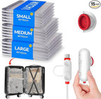 Vacuum Storage Bags Set with USB Pump, 15 Pack Carry-on Size Vacuum Bags for Travel, Space Saver Packing for Clothes and Clothing Travel
