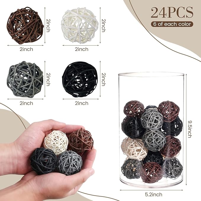 DomeStar 24PCS Brown Decorative Balls for Bowl Centerpiece, 2 Inch Rattan Balls Bowl Fillers Decor - Wicker Twig Orbs Spheres, Wedding Home Vase Table Decor