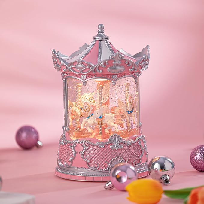 Snow Globe Lantern with Carousel–Shatterproof 8 Songs Musical Box Automatic Snowfall Led Light, USB&Battery Powered,Merry-Go-Round for Valentine’s Day Gift Present Birthday Home Decoration,Silver&Pink