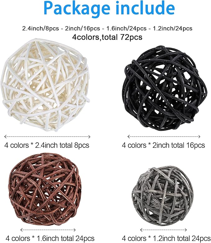 Patelai 72 Pcs Wicker Rattan Balls Decorative Balls for Vase Centerpiece Bowls Orbs Filler for Spring Summer Craft Home Decor, 4 Sizes(White, Dark Gray, Brown, Black)