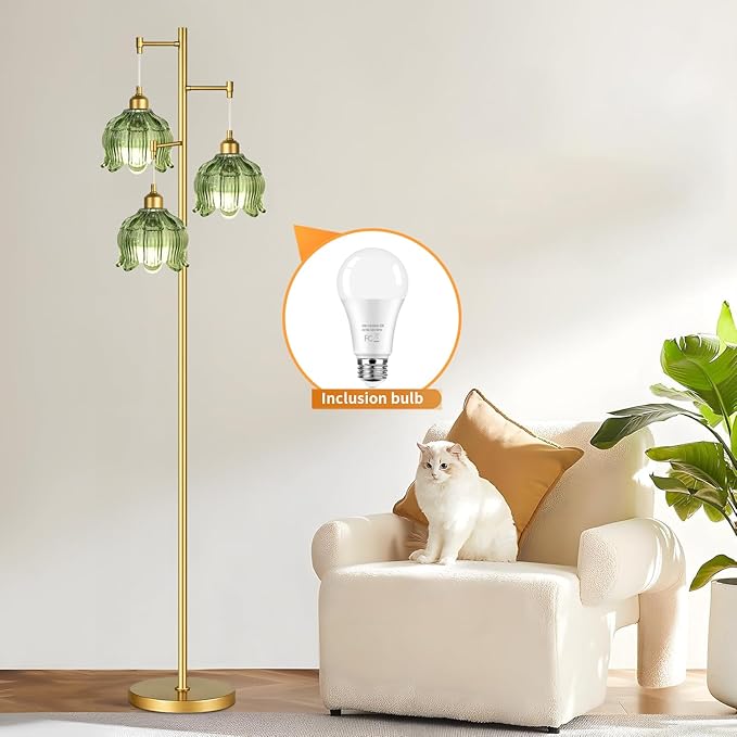 Gold Floor Lamp for Living Room Bedroom,3 Lights Modern Floor Lamps with Unique Green Glass Shades,68IN Mid Century Tall Standing Lamp,Vintage Tree Floor Lamp for Corner Office Reading Bulb Included