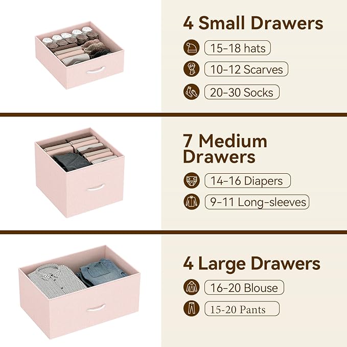 GarveeHome 15 Drawers Dressers, Chest of Drawers with Wood Tabletop, Metal Frame, Storage Organizer Unit with Fabric, Tall Dressers for Bedroom Living Room Hallway Entryway, Pink