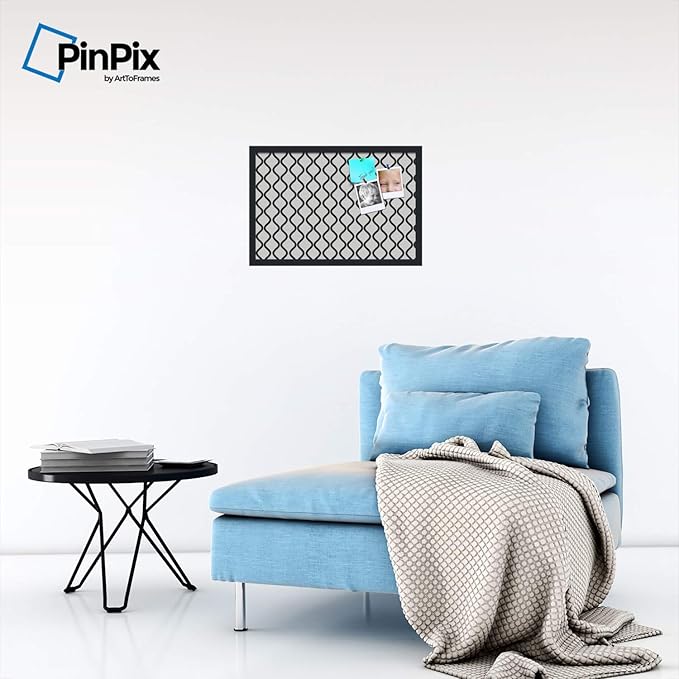 PinPix ArtToFrames 14x22 Custom Cork Bulletin Board Black and White Waves Poster Board Has a Fabric Style Canvas Finish, Framed in Satin Black (PinPix-194)