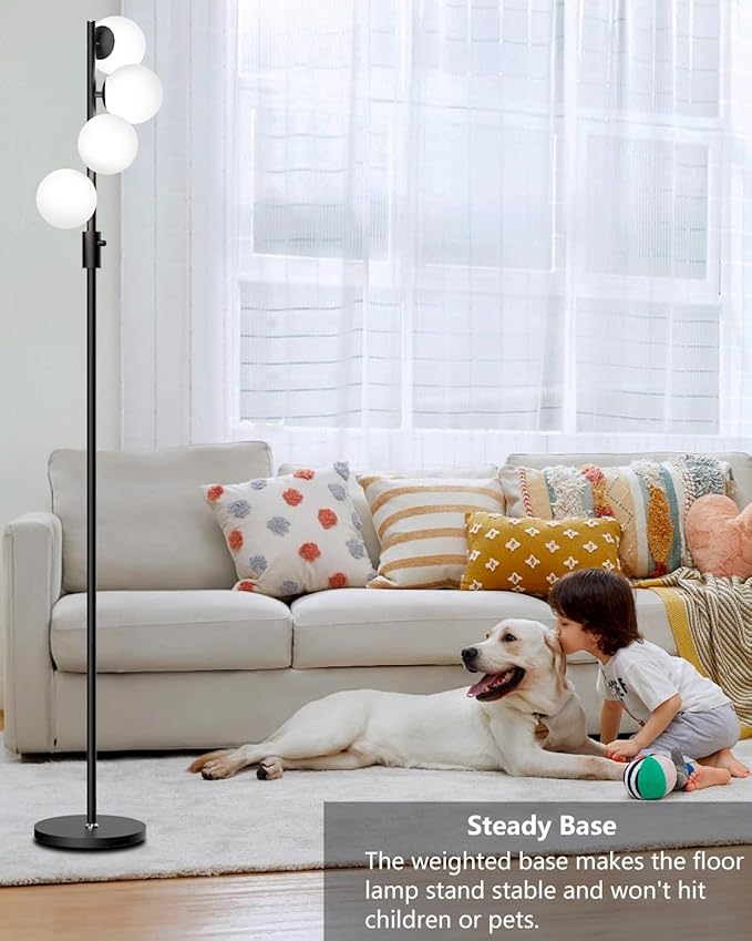Lightdot 64IN Dimmable (Brightness Adjustable) Globe Floor Lamp, Black Standing Lamps with 4PCS 3000K Bulbs Included, Mid Century Modern Floor Lamp for Living Room/Sofa Beside/Corner Decor