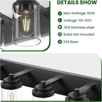 Bathroom Vanity Light Fixture, 4-Light Modern Black Vanity Light Fixtures with Clear Glass Shade, Matte Black Bathroom Light Fixtures Over Mirror, Rustic Restroom Lighting Fixtures