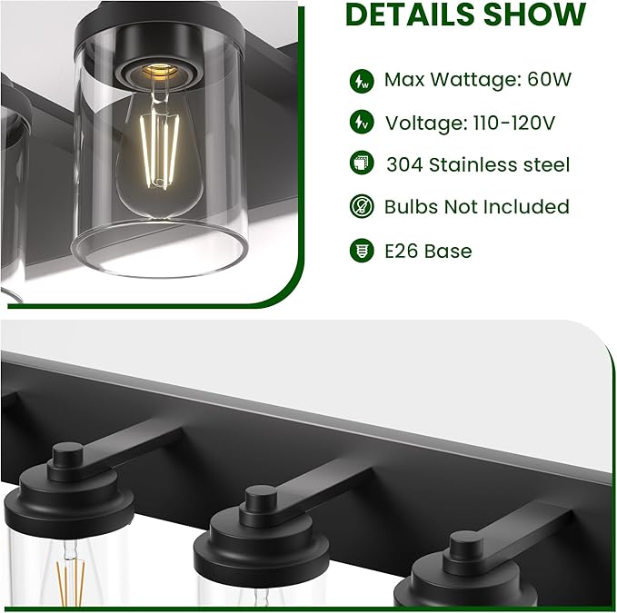 Bathroom Vanity Light Fixture, 4-Light Modern Black Vanity Light Fixtures with Clear Glass Shade, Matte Black Bathroom Light Fixtures Over Mirror, Rustic Restroom Lighting Fixtures