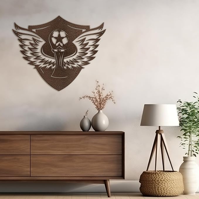 SIGNLEADER Metal Wall Art Decor - Soccer Trophy with Wings Minimalist Modern Abstract Wall Sculpture Hanging Home Decoration for Living Room, Bedroom, Bathroom, Kitchen, Studio, Outdoor - 30" Bronze