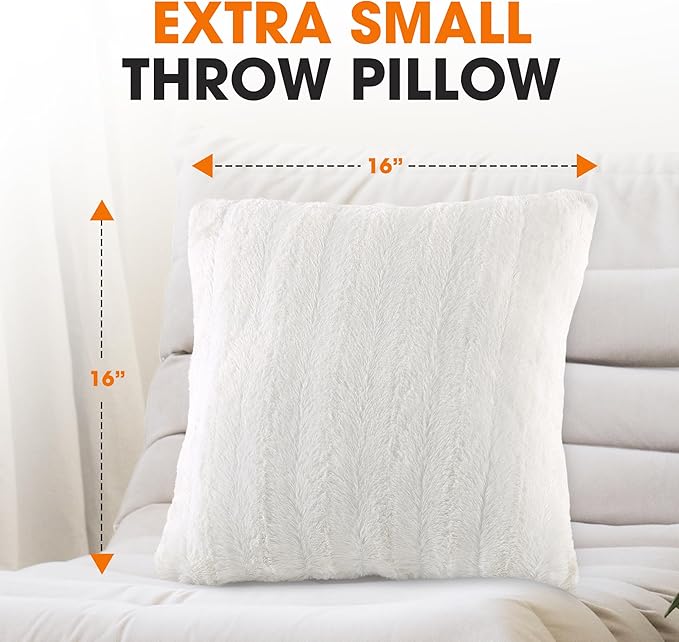Cheer Collection Faux Fur Throw Pillows - Decorative Pillows for Couch, Bed Throw Pillows, White Accent Pillows for Bedroom or Living Room Aesthetic, Set of 2 Furry Throw Pillows, 16" x 16"