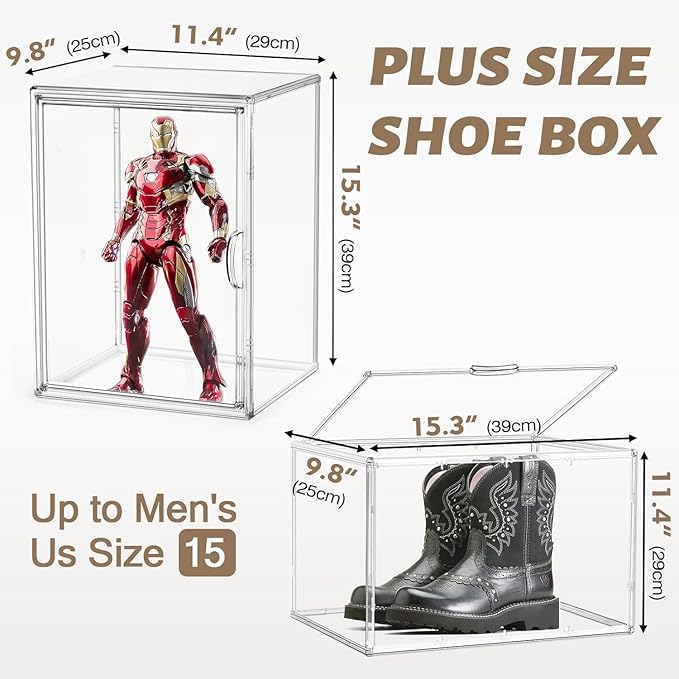 2 Pcs XX-Large Acrylic Shoe Display Case, 15.3'' x 9.8'' x 11.4'' Boot Boxes for Tall Boots Size 15 Sneaker Case Super Large Storage Boxes for Boots, Handbag, Collectibles, Books, Cosmetic