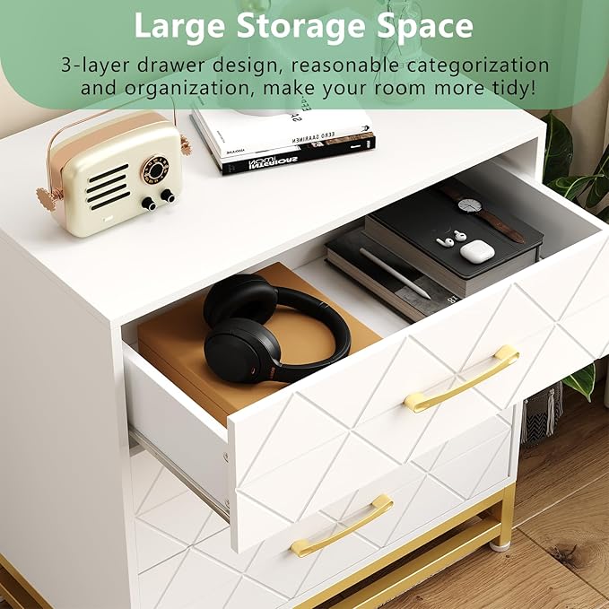 GarveeHome Wooden Dresser for Bedroom, Dressers & Chest of Drawers with 3 Drawer, Wood nightstand for Storage and Organization (White)