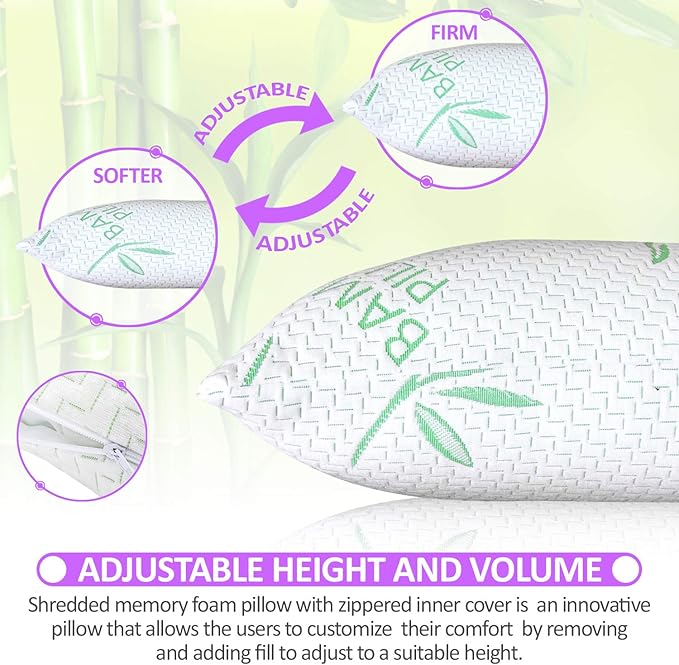 Elif King Size Pillows for Sleeping Set of 2 – Cooling Shredded Memory Foam Pillows with Removable Cover for Back, Stomach & Side Sleepers, Rayon Derived from Bamboo, King (2 Pack)