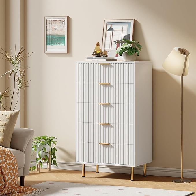 GarveeHome Fluted 5 Drawer Dresser for Bedroom, 48 in Tall Modern Chest of Drawers with Deep Drawers and Wide Top, Wooden Dresser Organizer for Living Room, Hallway, Kids Room, White