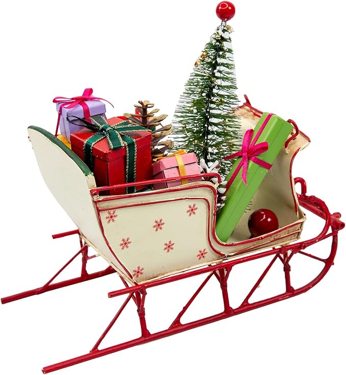 Berfutall-Red Santa Sleigh Christmas Decor for Table Top Holiday Home Decorations Decoration with Rustic Charm (G) (G Red/White 8")