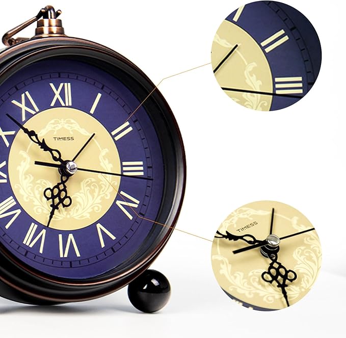 Vintage Analog Alarm Clock, 4.3" Silent Non-Ticking Quartz Desk Clock with Roman Numerals, Battery Operated Table Clock for Bedroom, Living Room, Office, or Gift (Blue)