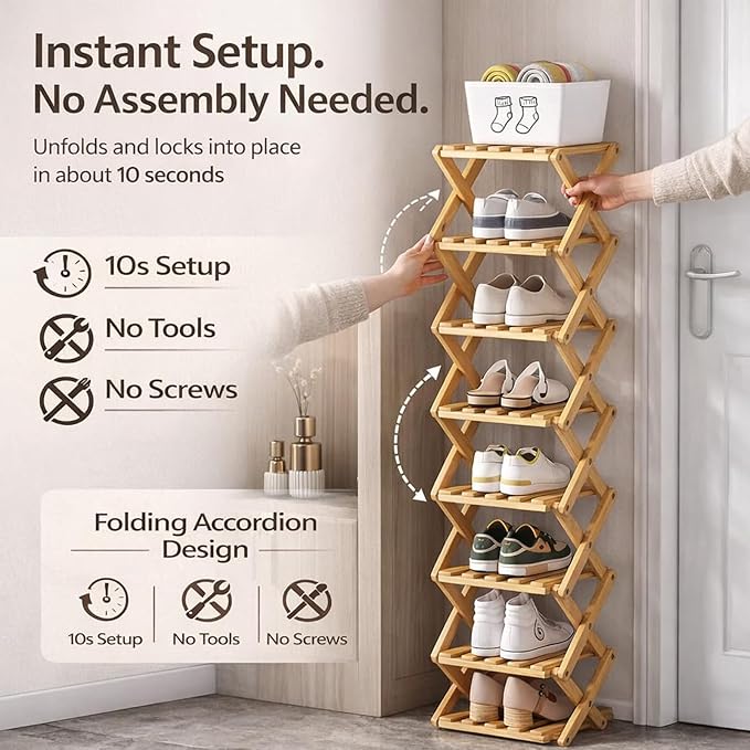 DDRIC 9-Tier No-Assembly Bamboo Rack, 2026 Upgraded Foldable Corner Shoe Rack, Space-Saving Organizer for Shoes, No-Tool Narrow Shelf for Entryway Closet Dorm (Nuture,9-Tier)