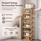 DDRIC 9-Tier No-Assembly Bamboo Rack, 2026 Upgraded Foldable Corner Shoe Rack, Space-Saving Organizer for Shoes, No-Tool Narrow Shelf for Entryway Closet Dorm (Brown,4-Tier)