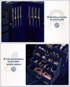 Homde Valentine's Day Gifts Synthetic Leather Huge Jewelry Box Mirrored Watch Organizer Necklace Ring Earring Storage Lockable Gift Case (Dark Blue + Gold)