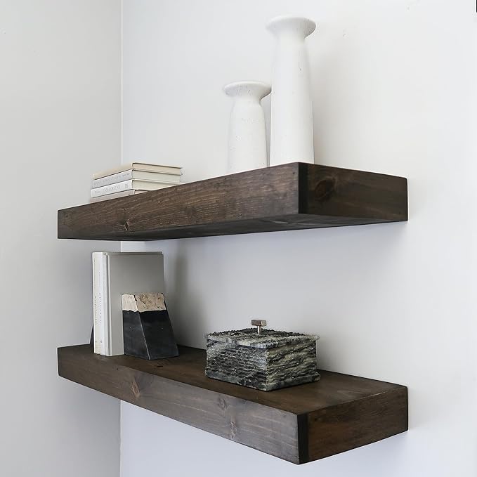 Urbandi Modern Floating Shelves 3 Inches Thick for Wall, Wide Shelves for Kitchen, Living Room, Bedroom, and Bathroom, Natural Pine Wood, Rustic Wooden Shelf, (Set of 2) (Jacobean, 48Lx3Hx6D)