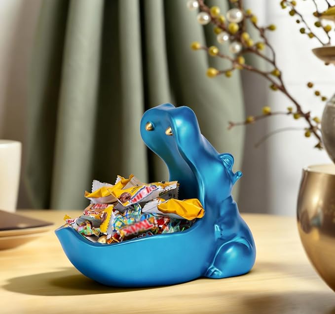 Hippo Statue, Hippo Resin Furniture Ornament Sculpture, Suitable for Home Decor, Desktop Hippo Candy Bowl, Entryway Table Storage Vessel, Storage Box (Blue)
