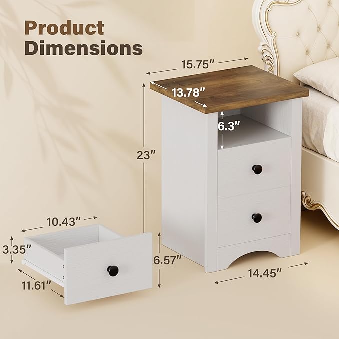 JUMMICO Farmhouse Nightstands, End Table with 2 Storage Drawers and Open Shelf, Rustic Bedside Table for Bedroom, Living Room(2, White)