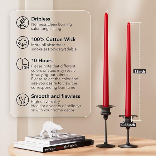 12-Inch Tall Dripless Taper Candles Set of 4 - Red Tapered Candles, Perfect for Christmas - Smokeless, Unscented, Long Burning - Hand Poured, Colored Tall Candlesticks - Bright Red
